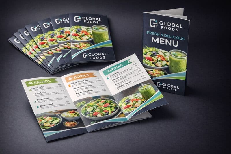 Laminated bi-fold food menu for a restaurant with full-color photography