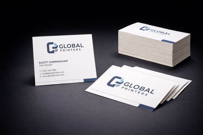 350 GSM business cards with matte lamination and spot-UV logo treatment